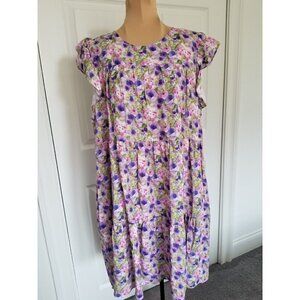 Jacquie The Label Purple Floral Ruffle Sleeve Tiered Babydoll Mini Dress Size L